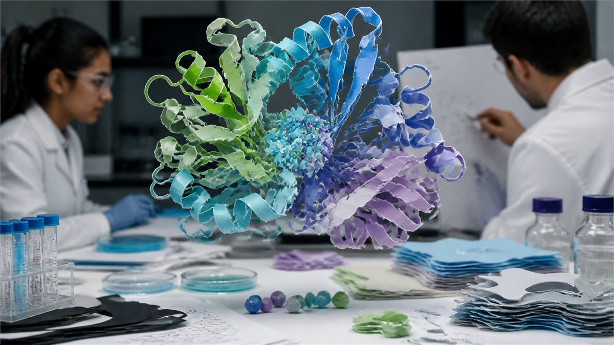 Spectacular macro scientific photograph of a colourful folded protein model floating above a real wet lab bench, researchers designing the next experiment, luminous molecular detail, no text