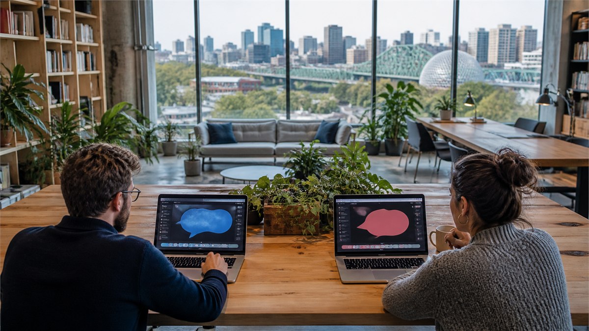Colourful editorial portrait of two Canadian researchers testing the same AI interface in English and French, mirrored screens with abstract speech forms, Montreal studio atmosphere, no readable text or logos