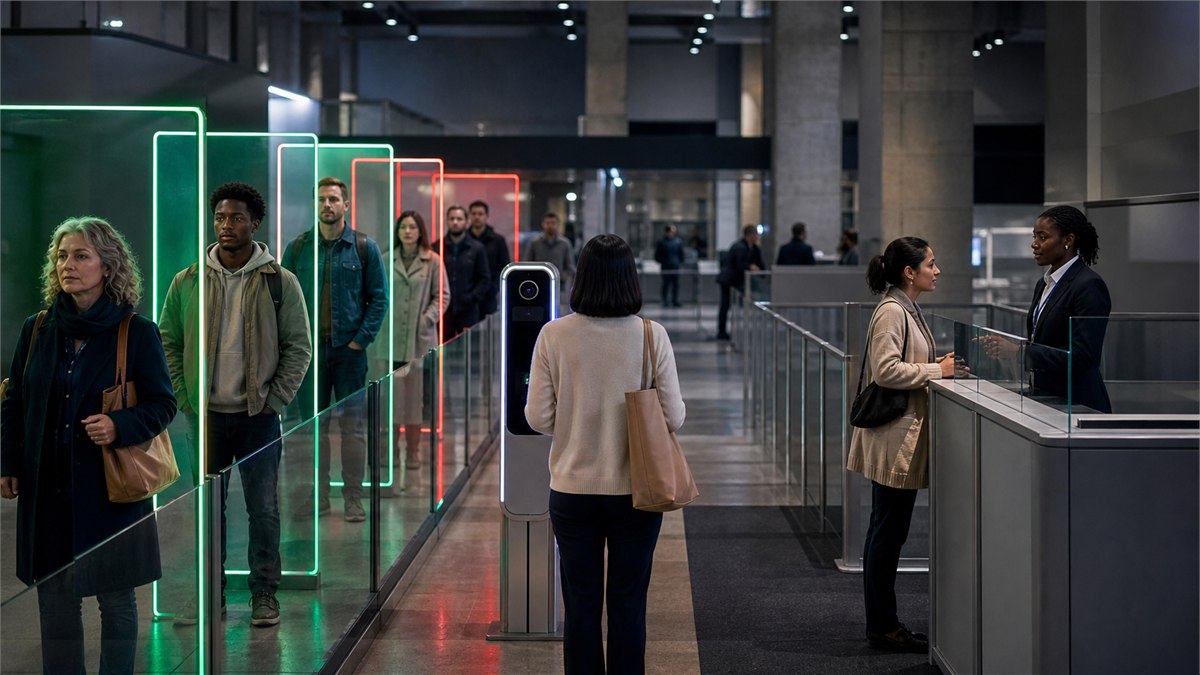 Thoughtful editorial photograph of a public biometric checkpoint with a clear alternative human lane, diverse faces protected by colourful consent boundaries, no surveillance glamour, no text
