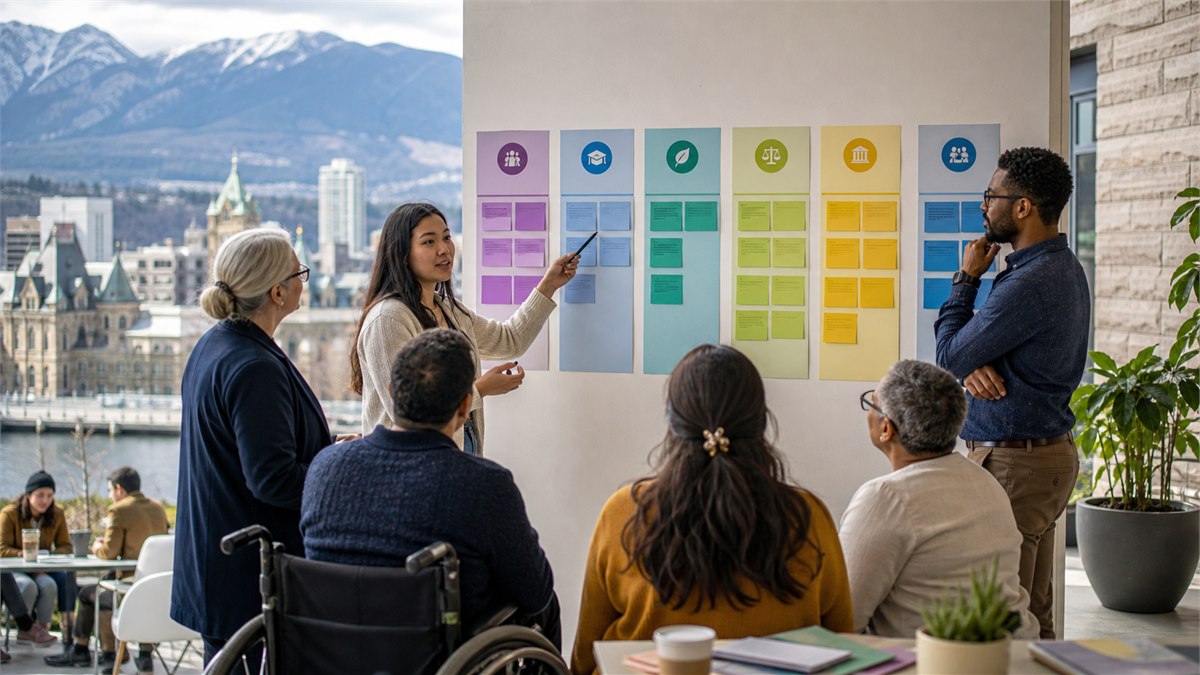 A colourful documentary photograph of a diverse Canadian town-hall workshop mapping six AI policy pillars with cards on a wall, subtle maple-leaf context, energetic civic atmosphere, no readable text