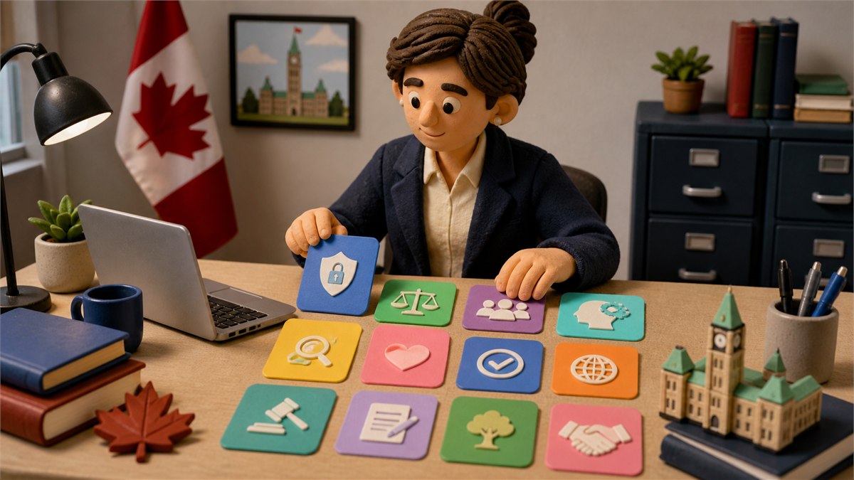 Warm editorial photograph of a public servant assembling twelve colourful rule cards around a laptop, lively desk scene, paper textures and human hands, neutral background, no readable text or logos