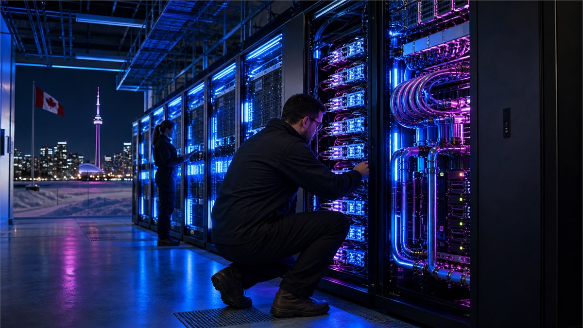 Cinematic night photograph inside a Canadian high-performance computing centre, vivid blue and magenta server light, technicians inspecting liquid-cooled accelerator racks, recognizable but subtle northern setting, no logos