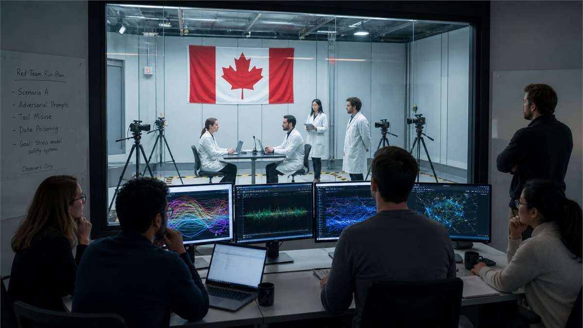 Striking editorial photograph of a Canadian AI safety lab conducting a controlled red-team exercise behind glass, colourful test signals and calm multidisciplinary staff, cinematic but realistic, no logos