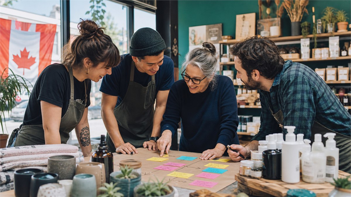 Energetic candid photograph inside a colourful Canadian neighbourhood business, owner and staff mapping a 90-day AI workflow with sticky notes beside real products, natural light, no readable branding