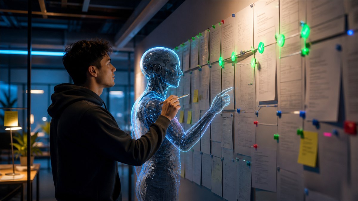 Dynamic neon-lit documentary photograph of a developer and an AI coding terminal moving through a real code-review wall with green tests and visible checkpoints, no readable code or logos