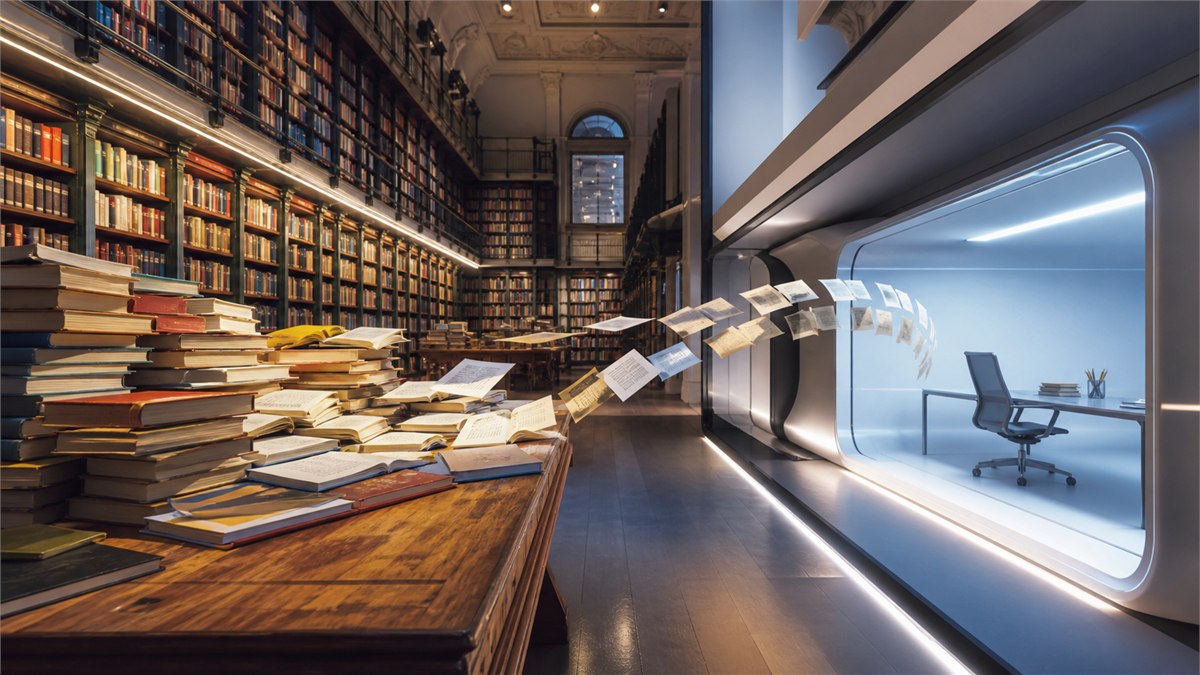 Surreal wide-angle editorial photograph of an enormous colourful library desk feeding selected pages into a glowing AI workspace, visible foreground-to-background depth, lively and elegant, no text