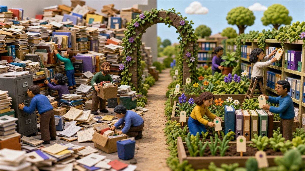 Editorial photograph of a messy colourful company archive being transformed into a clear owned knowledge garden, staff tagging canonical sources and pruning duplicates, no readable text