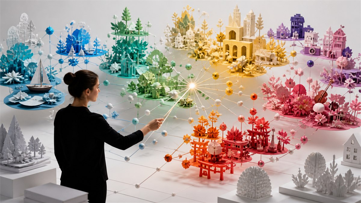 Mesmerizing scientific visualization rendered as a physical gallery of colourful objects clustered in three-dimensional space, curator tracing semantic neighbours with light, editorial depth, no text