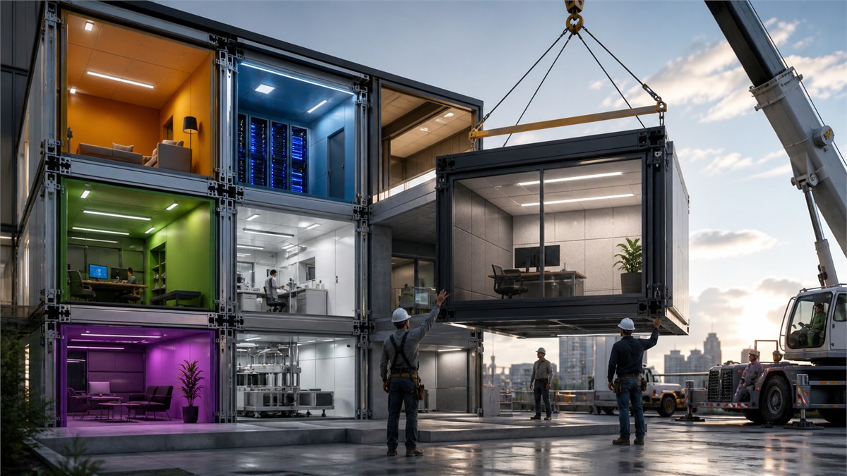 Editorial architectural photograph of a company assembling an AI building from owned colourful core rooms and replaceable purchased modules, visible doors and interfaces, no labels