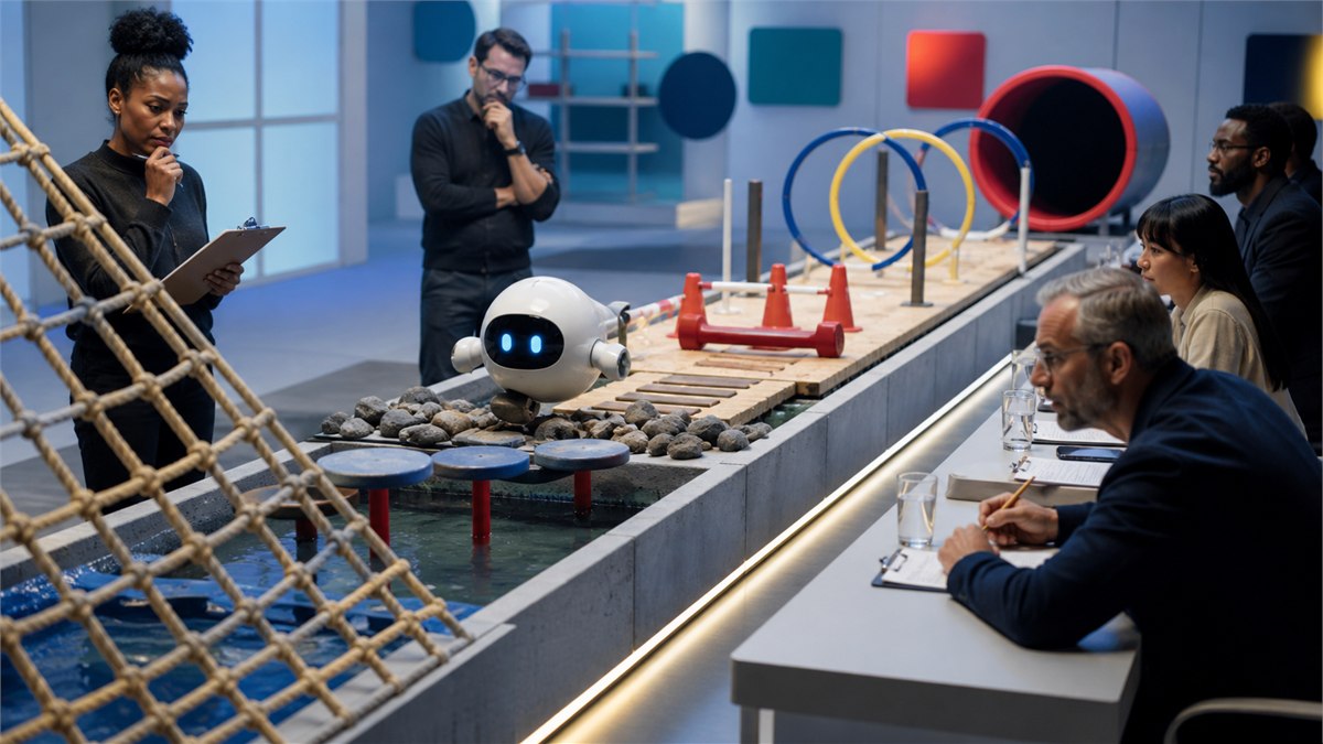 Colourful editorial photograph of an AI product passing through a rigorous obstacle course of real tasks, human judges and regression gates, playful technical studio, no text
