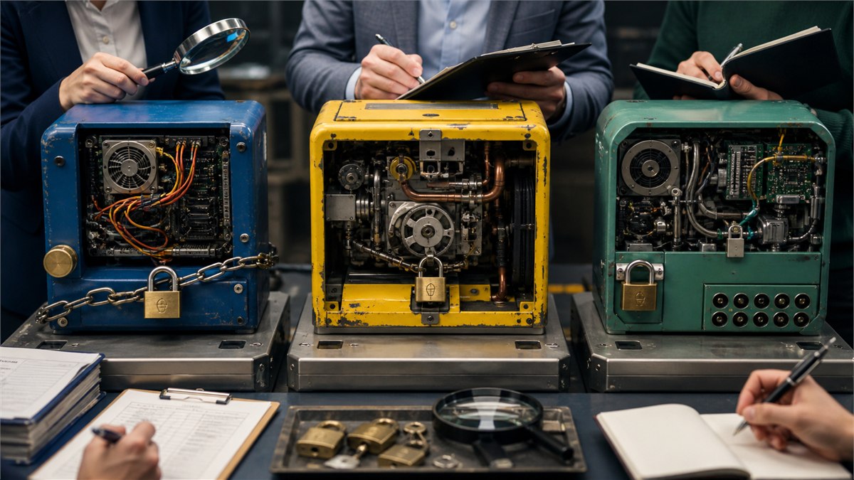 Stylish editorial photograph of three AI vendor machines opened for inspection on equal test benches, evaluators checking evidence, locks, cost and exit ports, vivid colours, no logos