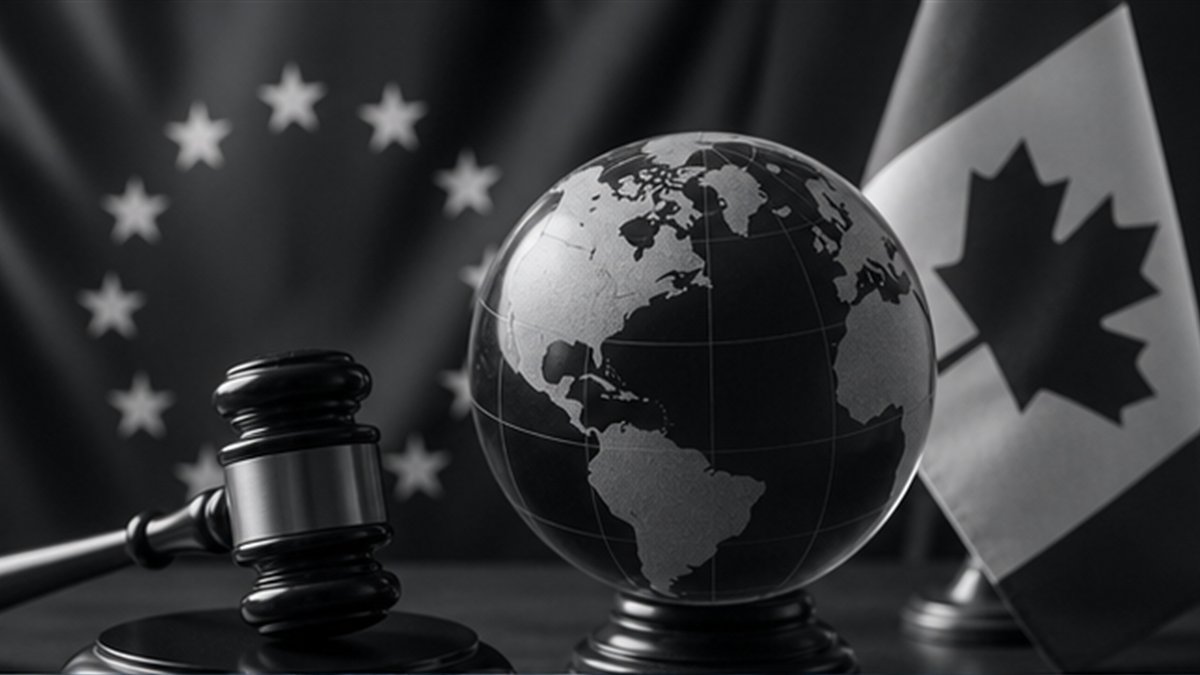 Editorial photograph illustrating: The EU AI Act matters to Canadian companies selling far beyond Europe.