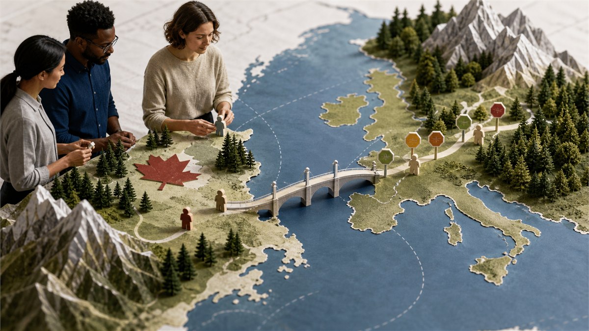 Colourful editorial map photograph connecting a Canadian technology team to an EU regulatory pathway with distinct risk gates and role markers, sophisticated paper-cut style, no text or flags dominating