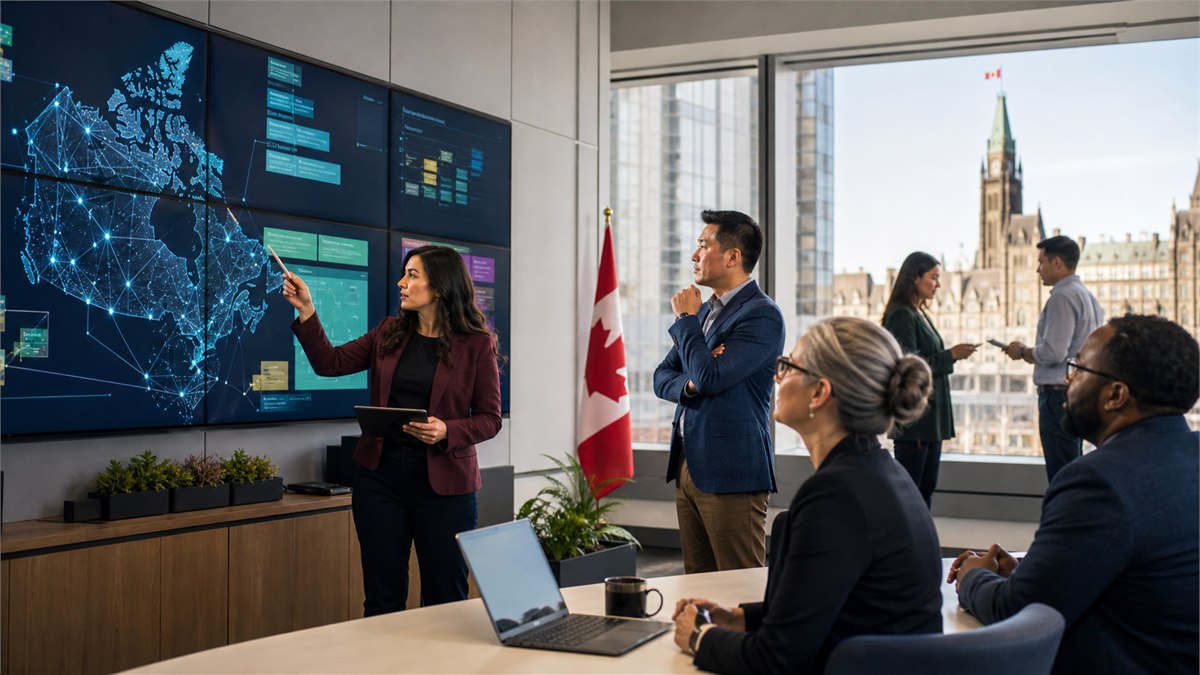 Editorial photojournalism in a bright Ottawa public-service operations room, civil servants reviewing an AI service map on large screens, neutral architecture with vivid natural colours, candid and human, no logos or readable text