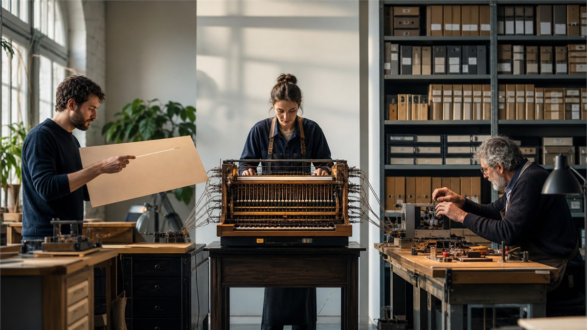 Colourful editorial workshop photograph with three distinct tools - a conductor's cue card, a research archive and a precision tuning bench - converging on one AI instrument, no labels or text