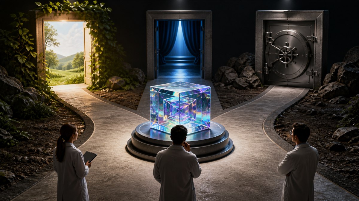 Dramatic editorial photograph of scientists at a branching release gate for a powerful colourful AI research artifact, paths for open, staged and protected access, thoughtful not dystopian, no text