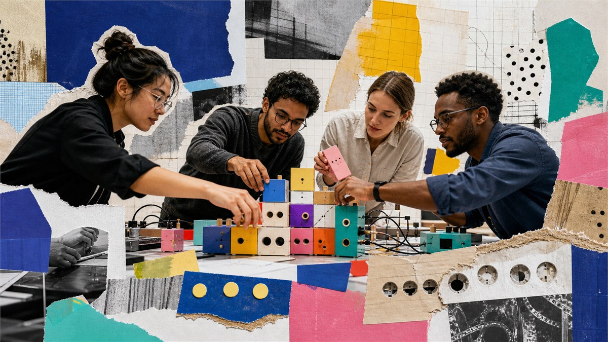 Energetic editorial photograph of developers assembling colourful modular AI components into one working application, visible tests and tool connectors on a studio bench, no logos or code text