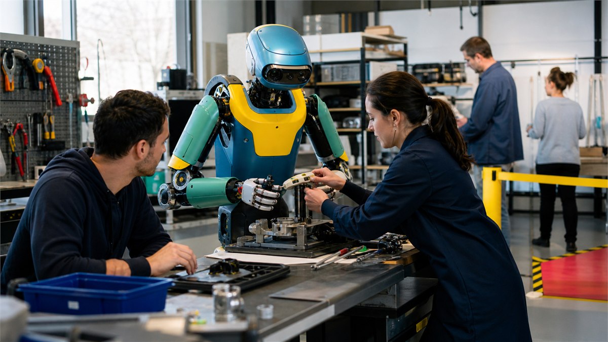 Dynamic documentary photograph of a colourful general-purpose robot carefully collaborating with humans in a cluttered workshop, visible safe-stop zone and tactile interaction, no logos