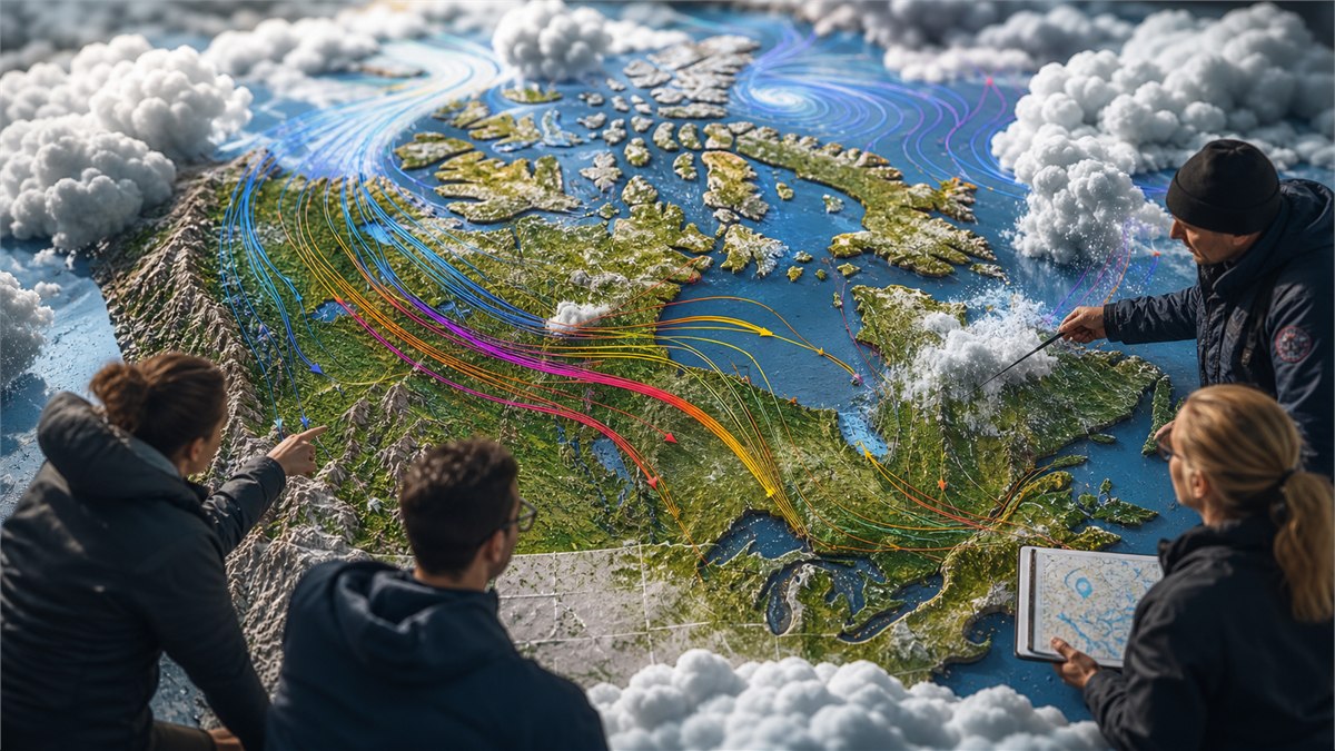 Epic aerial scientific visualization blended with documentary photography, colourful ensemble weather paths over Canada while meteorologists interpret local risk, cinematic clouds, no text
