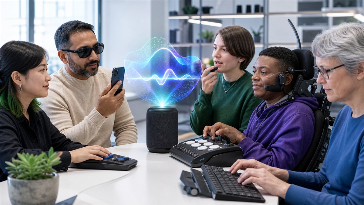 Vibrant documentary photograph of multiple people choosing voice, camera, keyboard and tactile controls around one multimodal assistant, real accessibility devices and lively colour, no logos