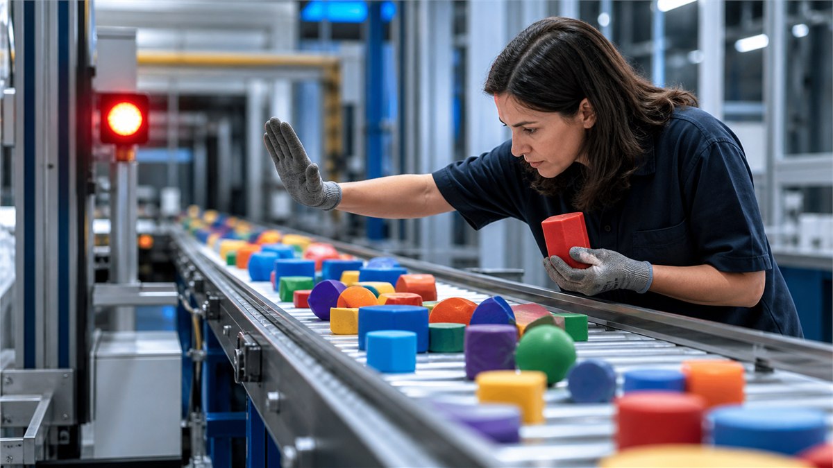 Powerful editorial photograph of a human quality reviewer stopping a colourful automated conveyor to inspect one critical item with full evidence visible, industrial realism, no text