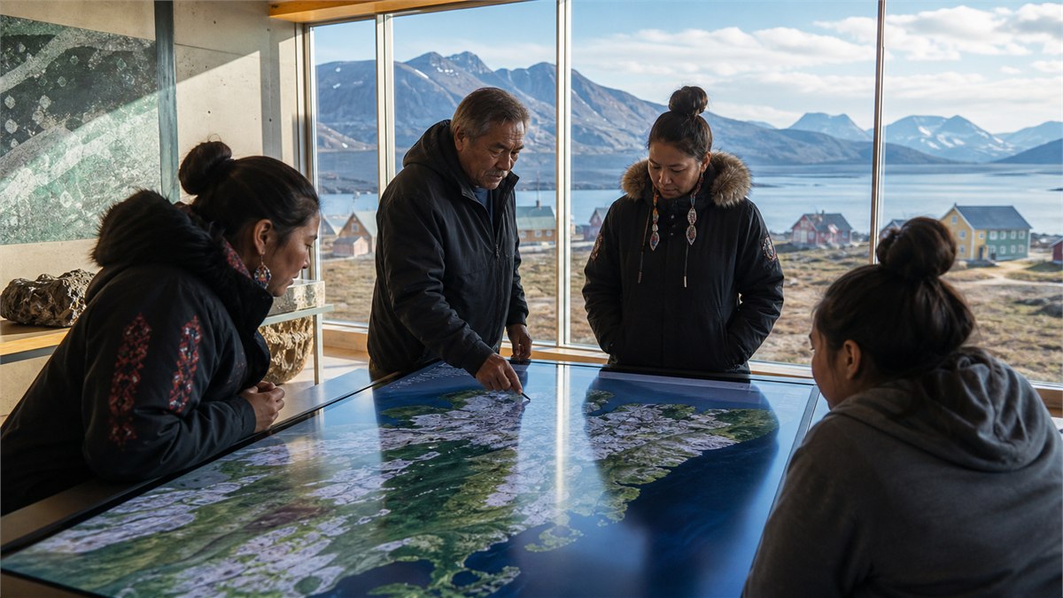 Respectful documentary landscape photograph of an Indigenous-led technology workshop in northern Canada, community members around a digital map, vivid natural earth and sky colours, no stereotypes, no readable text