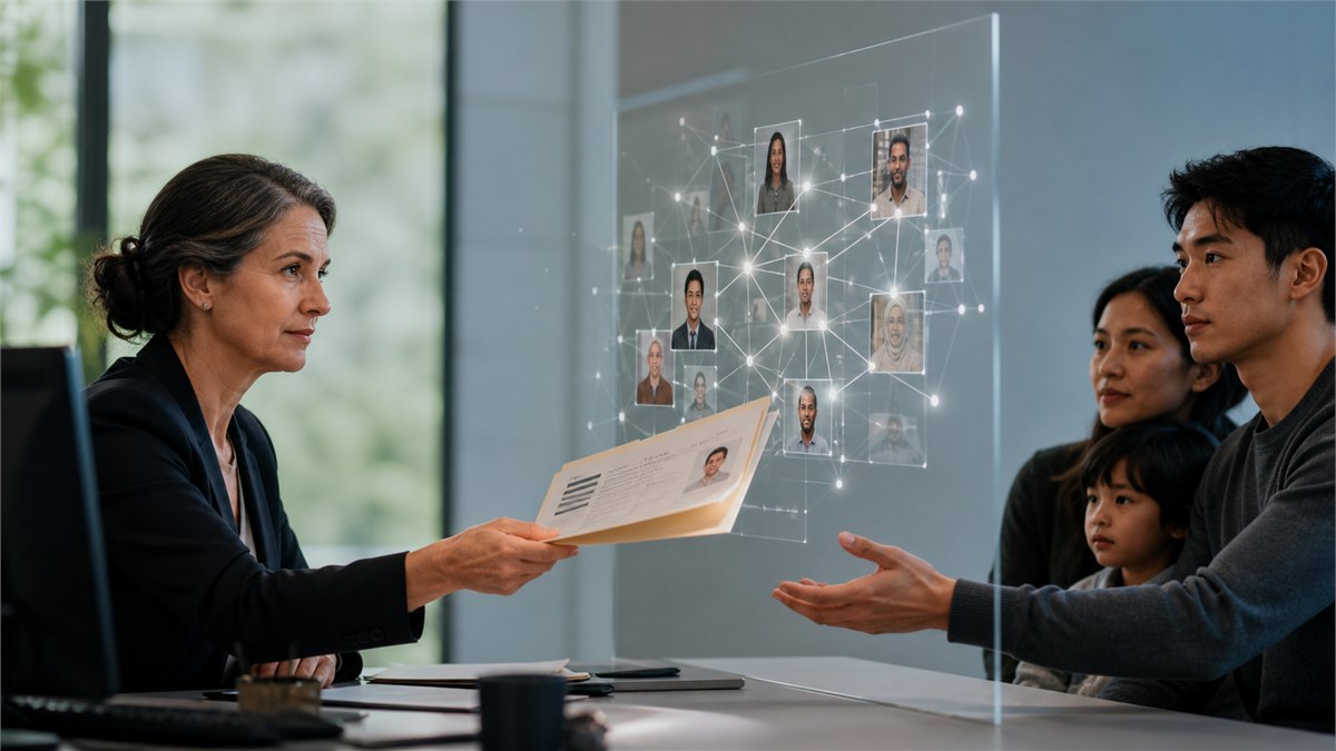 Sensitive editorial illustration-photo hybrid showing a Canadian immigration case file moving between a human officer and a transparent AI decision map, respectful diverse portrait elements, hopeful full colour, no flags dominating, no text