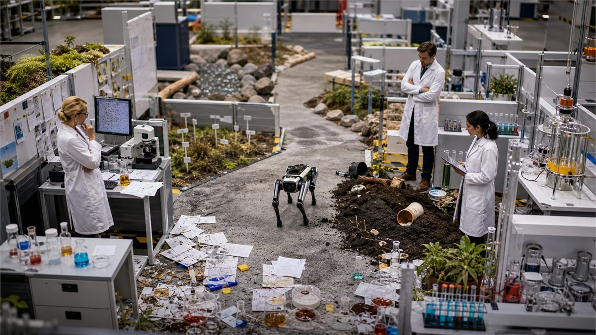 Colourful scientific editorial photograph of an AI being tested in a realistic life-science obstacle course with messy evidence, experiment design and validation stations, human experts observing, no text