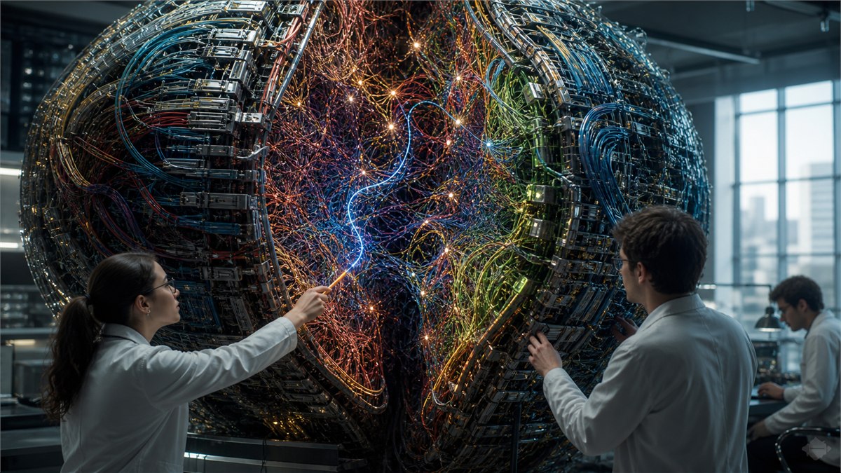 Mesmerizing scientific editorial photograph of researchers opening a vast colourful neural mechanism and tracing one causal circuit with light, intricate but not mystical, no text