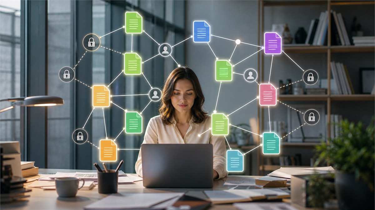 Polished editorial photograph of a workplace knowledge graph lighting up only authorized colourful documents around an employee, visible permission gates and human review, no Microsoft logos or text