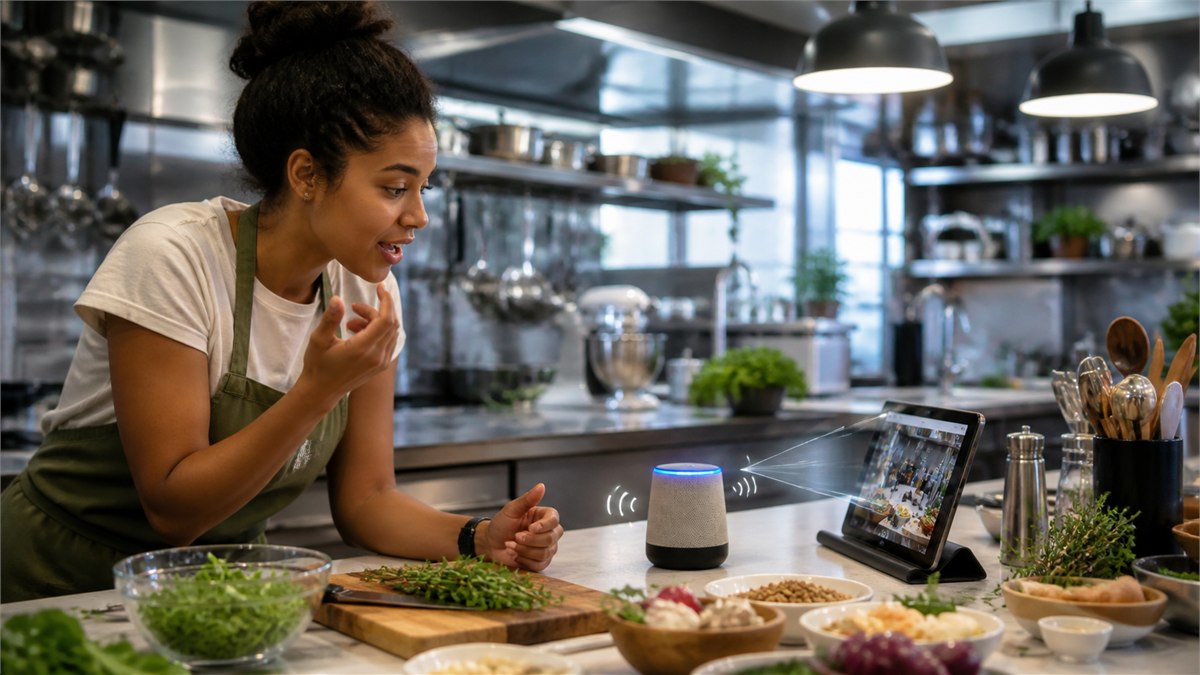 Colour-rich candid photograph of a person using one AI assistant across voice, camera and text in a bustling kitchen workshop, visible sound and image cues as subtle light, natural human energy, no logos