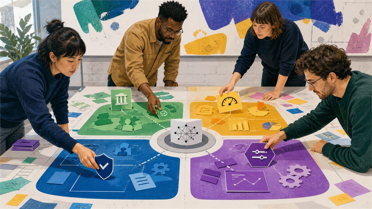 Hands-on editorial workshop photograph with a multidisciplinary team arranging four colourful governance, map, measure and manage zones around a real AI system, no readable text
