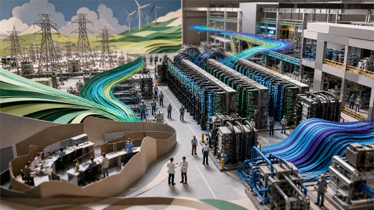 Epic wide editorial photograph of a vast liquid-cooled AI factory in motion, colourful data streams, technicians and power infrastructure visible at human scale, cinematic realism, no logos or text