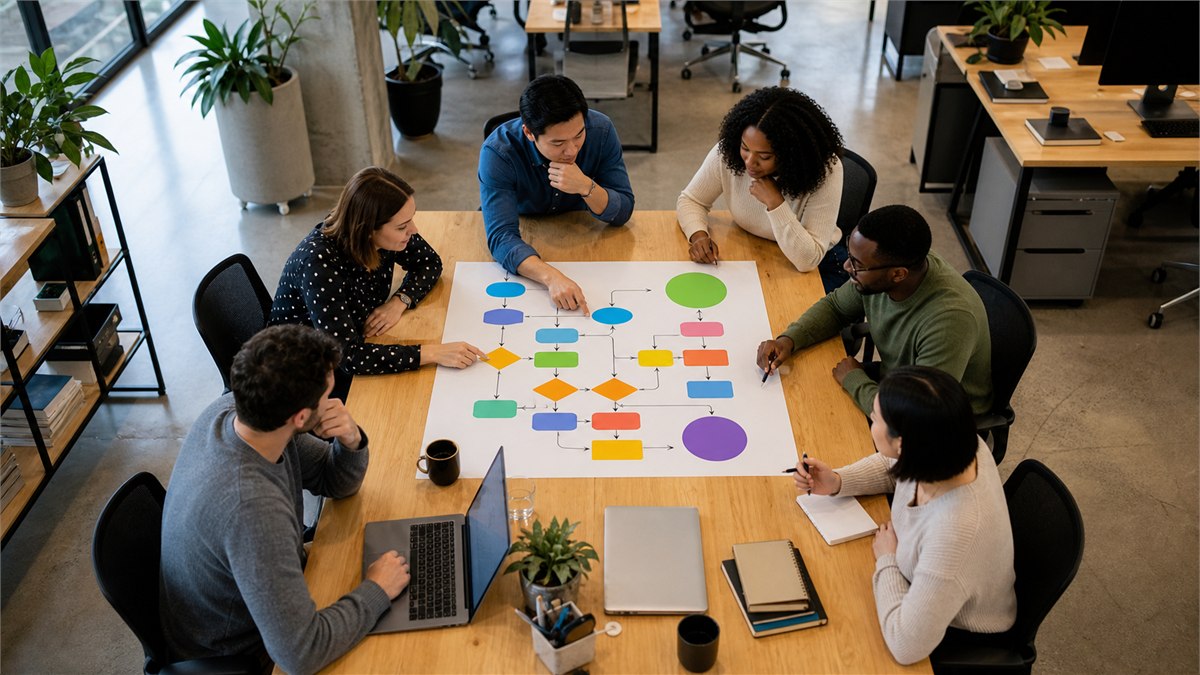 Clean editorial photograph of a diverse team using one large colourful decision sheet at the centre of real workstations, clear pathways and help beacon, no readable words