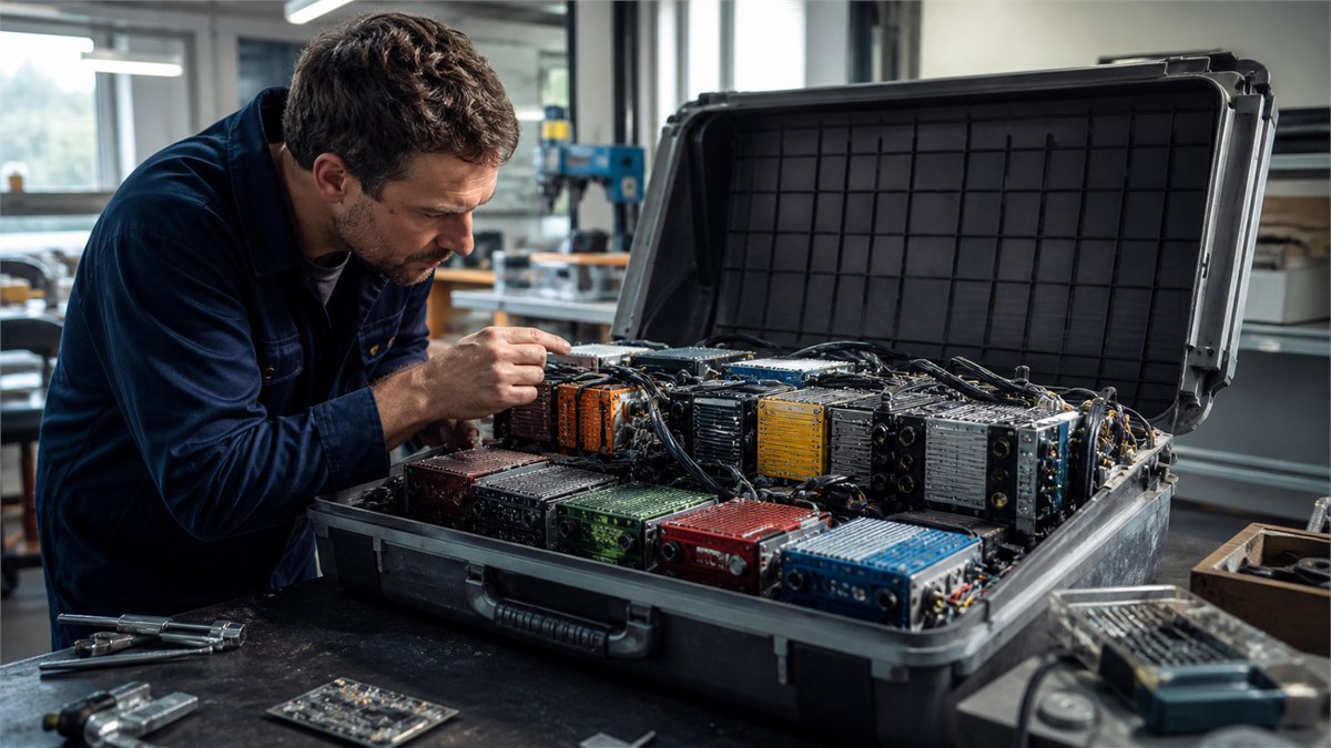 Tactile editorial photograph of an open precision instrument case containing a colourful modular AI engine, engineer inspecting components in a real workshop, cinematic detail, no logos or text