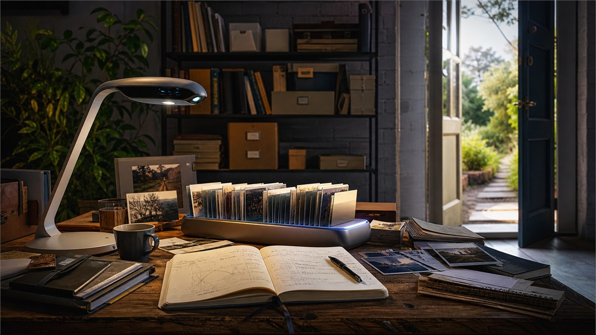 Cozy colourful editorial photograph of a personal archive built from notebooks, photos and digital cards connected to an AI reading lamp, clear open exit door motif, no text