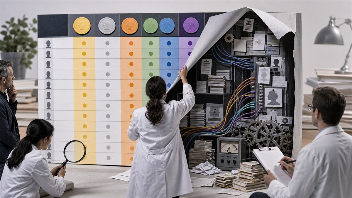 Editorial photograph of a giant colourful AI leaderboard being audited from behind, revealing task samples, funding cables and uncertainty machinery, sharp investigative visual metaphor, no text