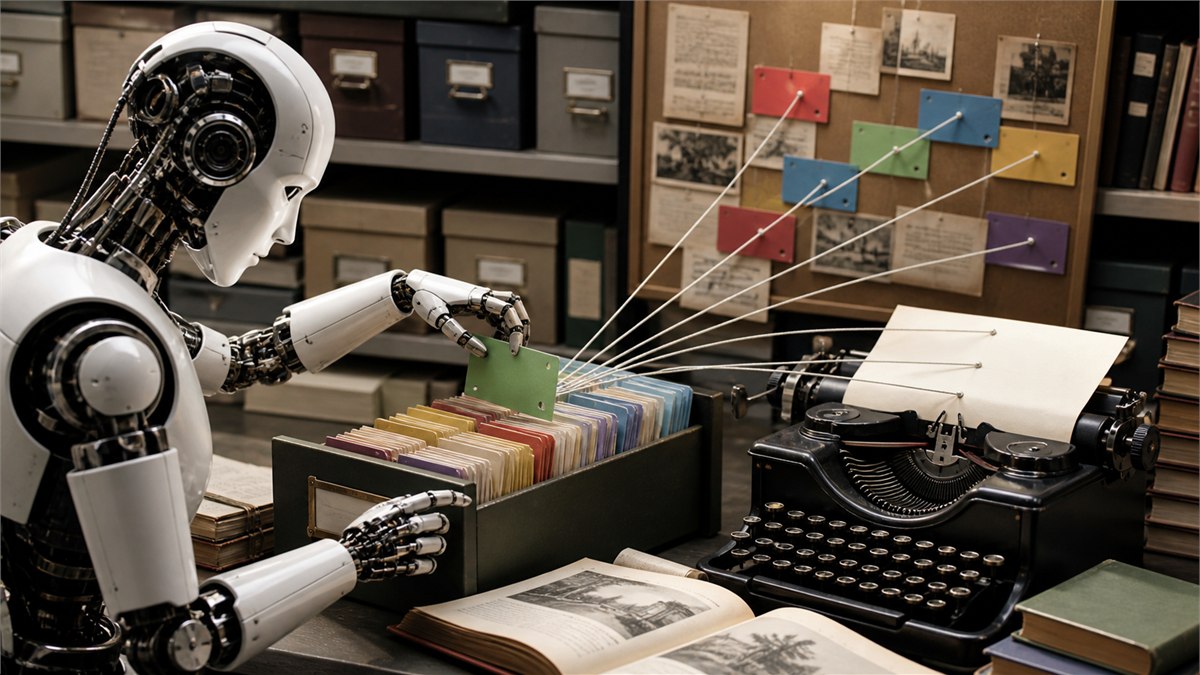 Bright cutaway editorial photograph-illustration of a librarian robot selecting precise coloured source cards before an AI writes, tangible archive shelves and citation threads, no readable text
