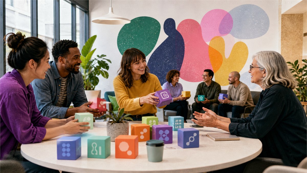 Human-centred editorial photograph of employees bringing colourful unofficial AI tools into an open governance clinic instead of a surveillance room, trustful atmosphere, no text