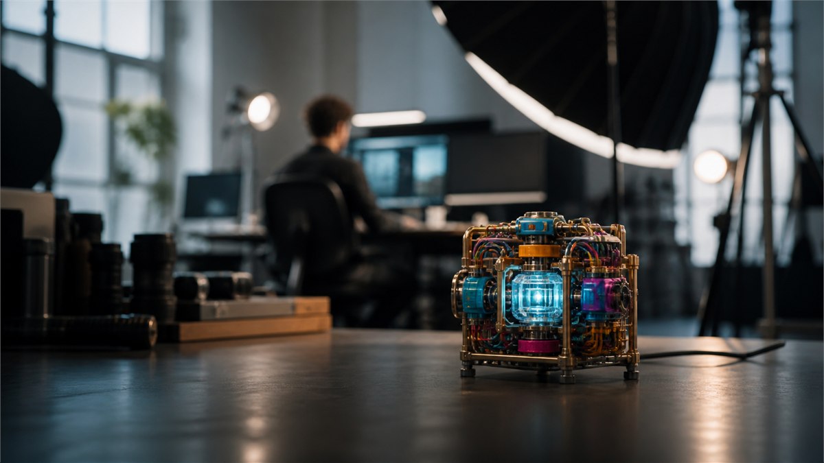 Whimsical macro photograph of a tiny but intricate colourful AI device powering a full-size studio workflow, strong scale contrast, premium product photography, no logos or text