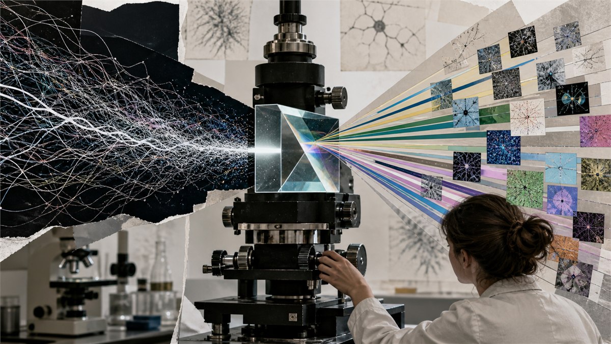 Scientific macro photograph of a prism-like microscope separating a tangled neural light signal into many sparse colourful feature beams, researcher adjusting reconstruction, no text