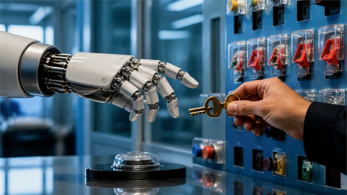 Cinematic editorial photograph of a robotic hand approaching a colourful control panel with clear guarded switches, human operator holding the authorization key, realistic industrial detail, no labels