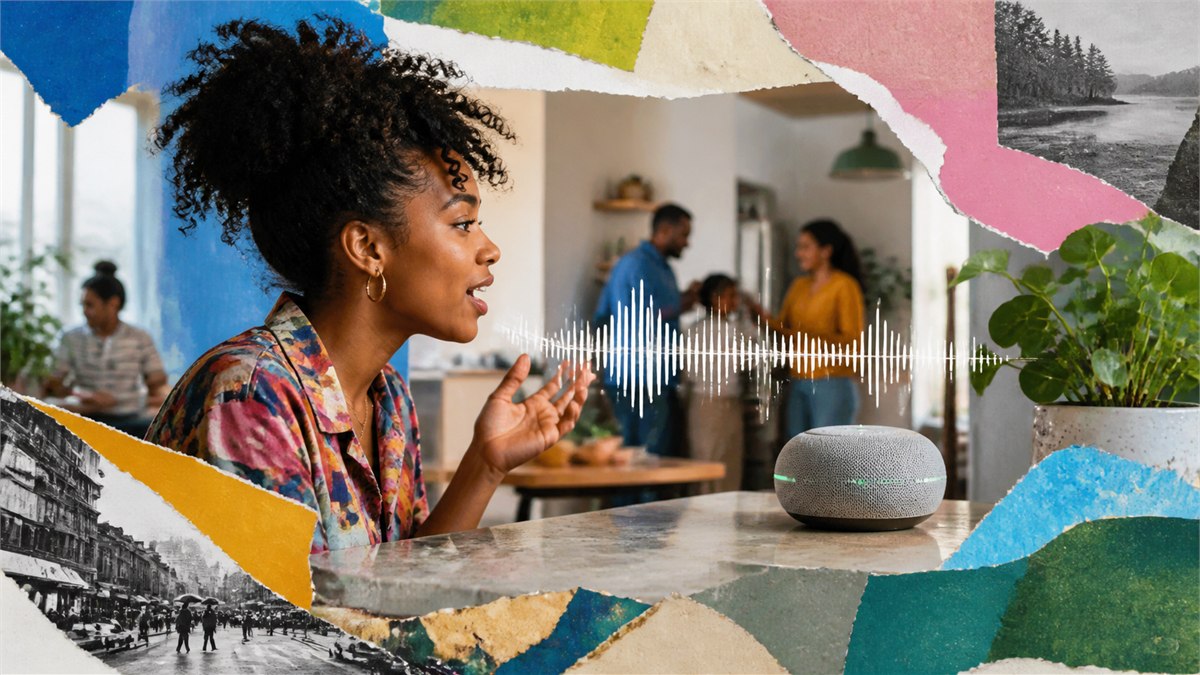 Colourful cinematic photograph of a lively voice conversation with visible sound waves between a person and a small AI device, clear privacy light and bustling real-world background, no logos