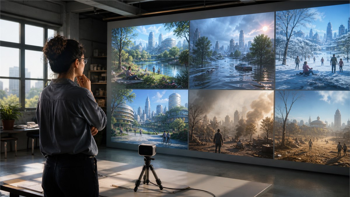 Surreal cinematic photograph of an AI planning room projecting several colourful possible futures of the same physical scene, one real sensor anchor in foreground, no text